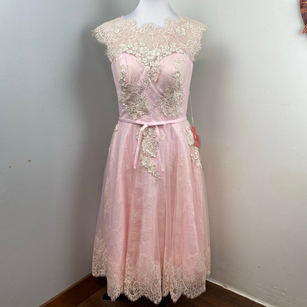 Jj’s House Blushing Pink Applique Lace Cap Sleeve Fit Flare Swing Dress Size 10